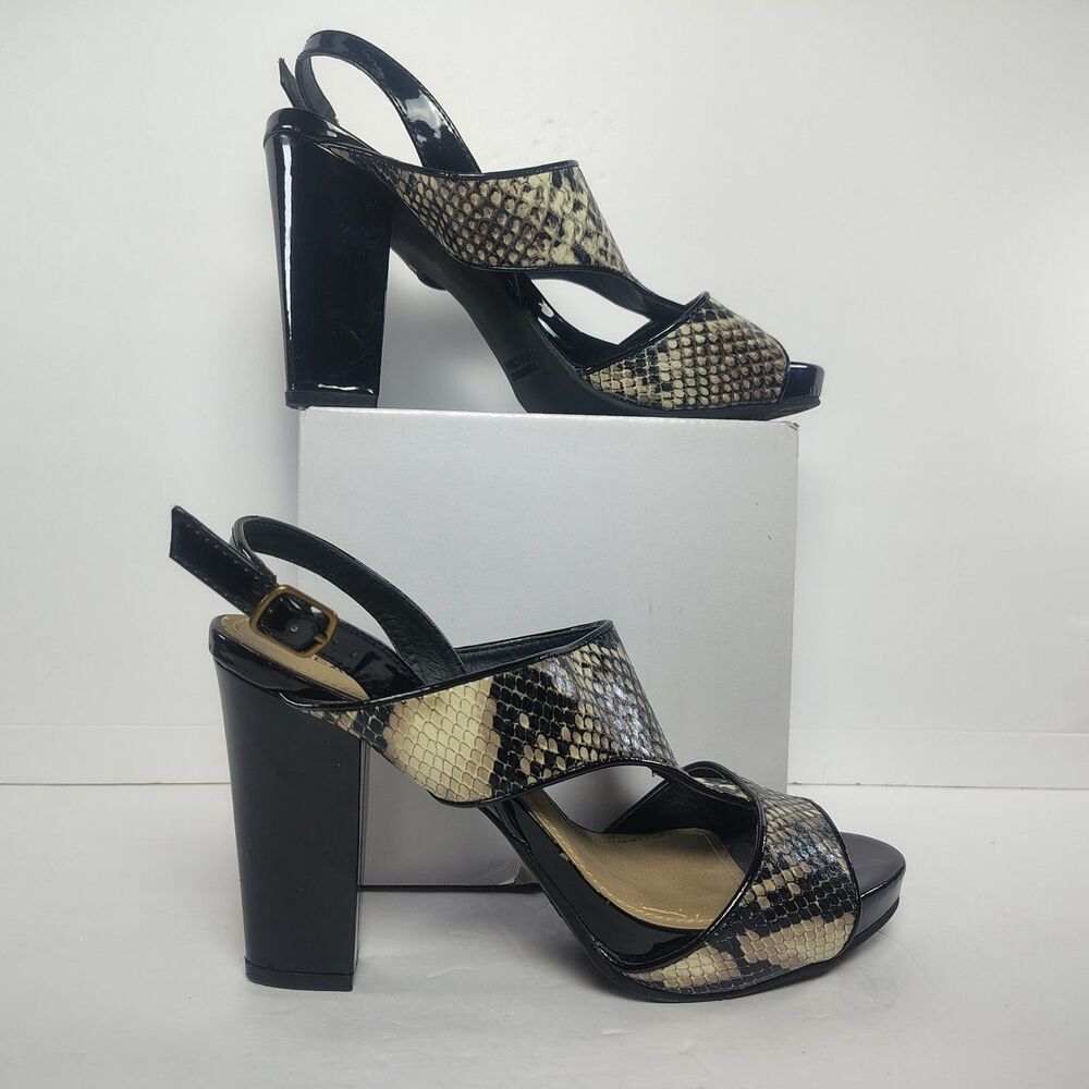 Kenneth Cole Reaction Dazey Snakeskin Block Heel Sandal Slingback Black Gold 9M